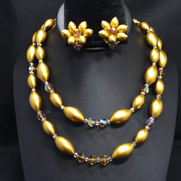 Vintage Gold Pearled & Crystal Beaded Necklace, Matching Clip Earrings, 1950 - Picture 6 of 10